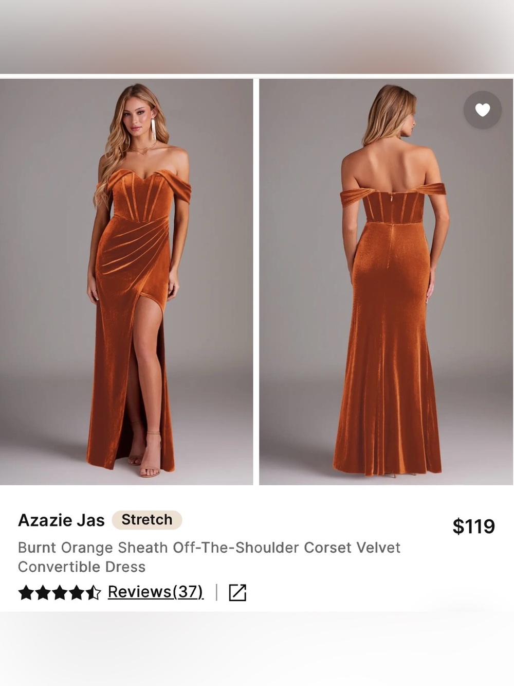 Azazie Jas Burnt Orange Off-the-Shoulder Velvet Corset Gown